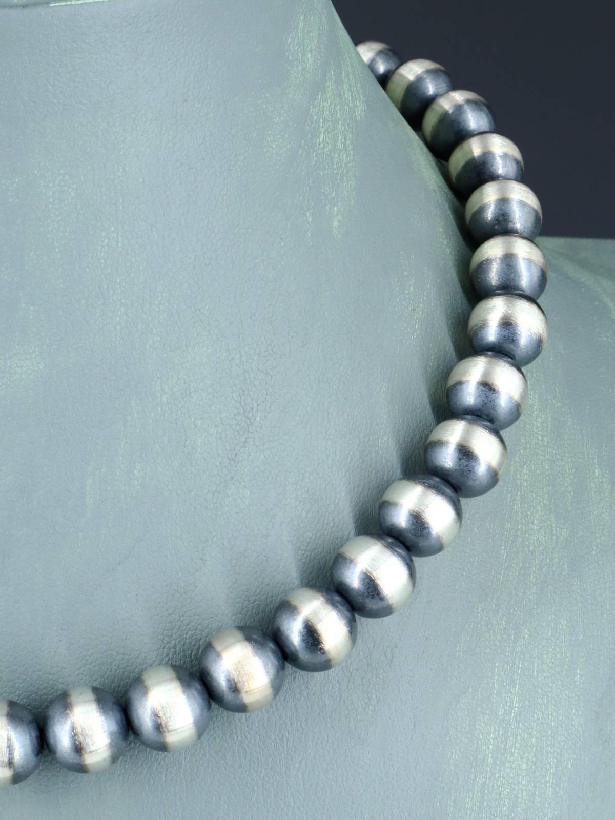 16" 10mm Native American Sterling Silver Beaded Necklace