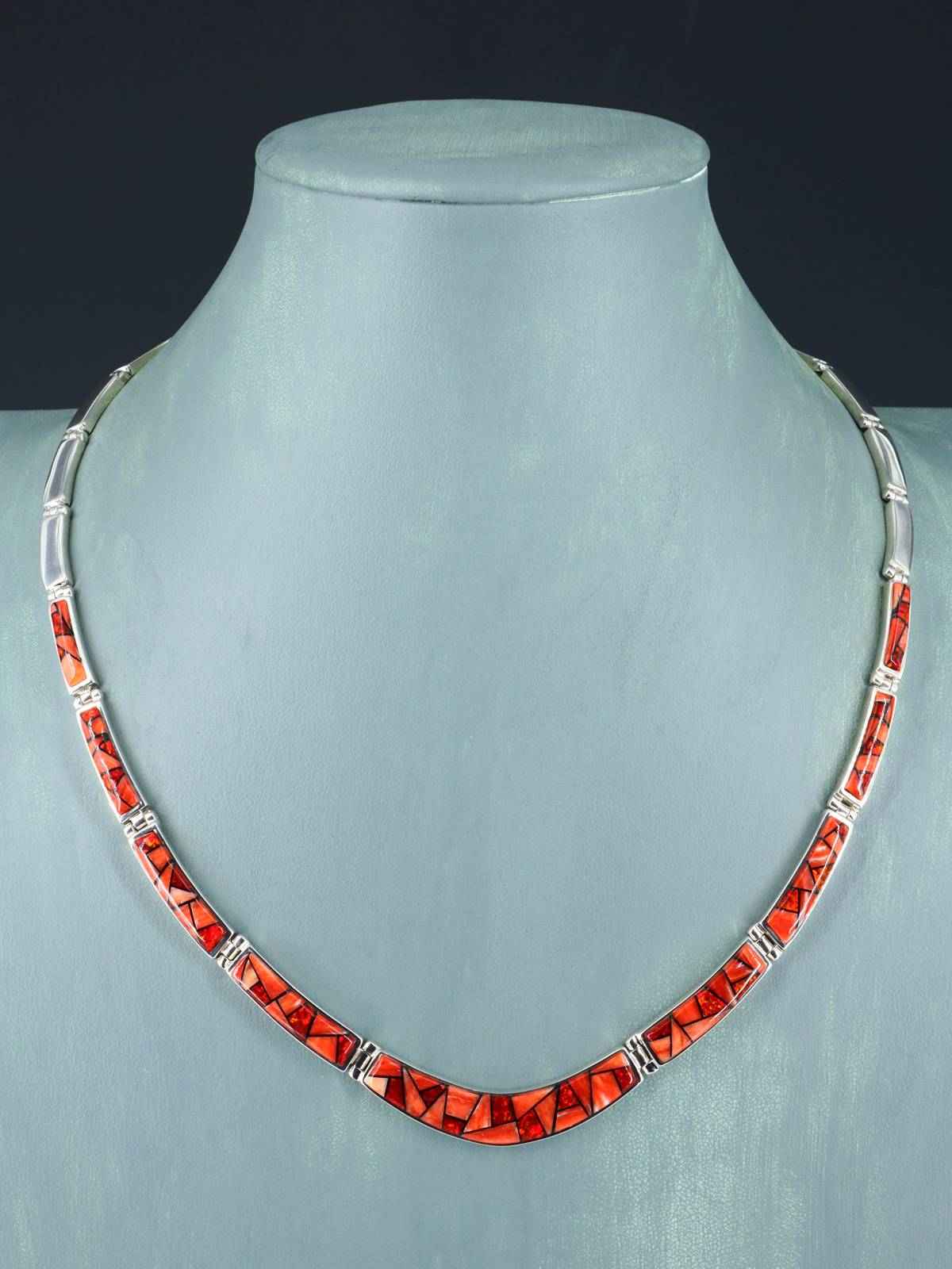 Navajo Spiny Oyster and Opalite Inlay Sterling Silver Link Necklace Set