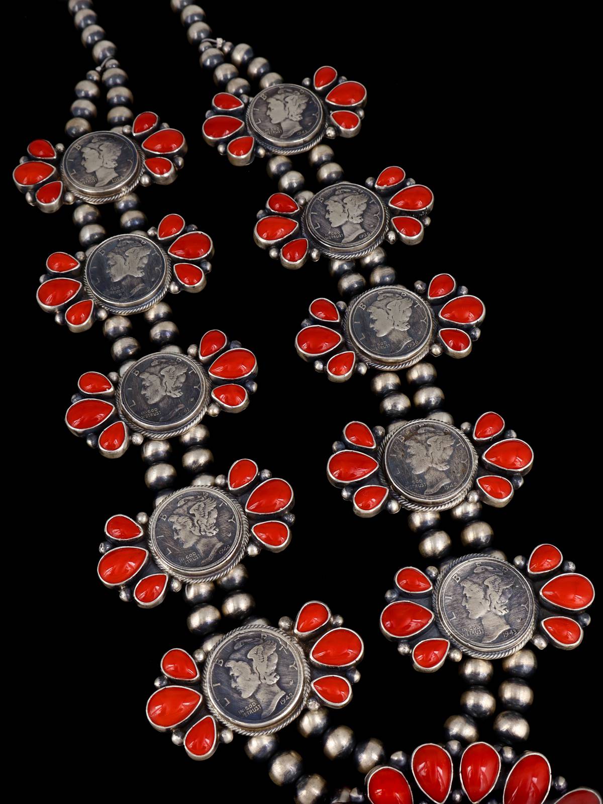 Native American Jewelry Sterling Silver Coral Coin Necklace