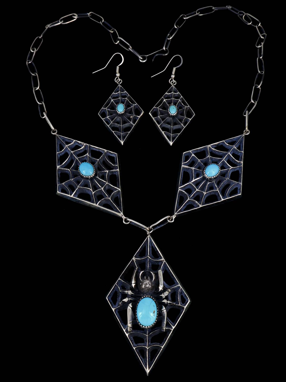 Ensemble collier et boucles d'oreilles Naja en argent sterling turquoise Kingman amérindien