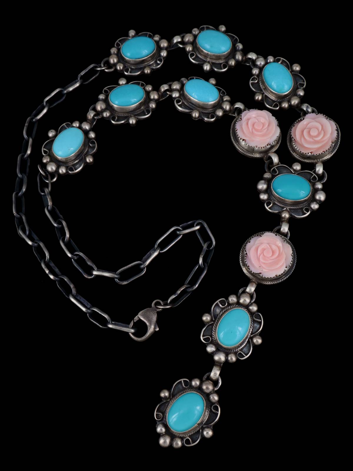 Navajo Jewelry Prince Turquoise and Carved Pink Flower Lariat Necklace