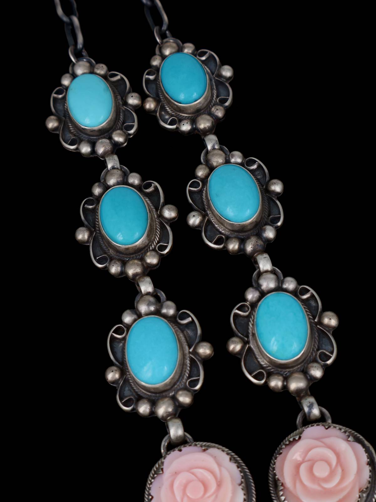 Navajo Jewelry Prince Turquoise and Carved Pink Flower Lariat Necklace
