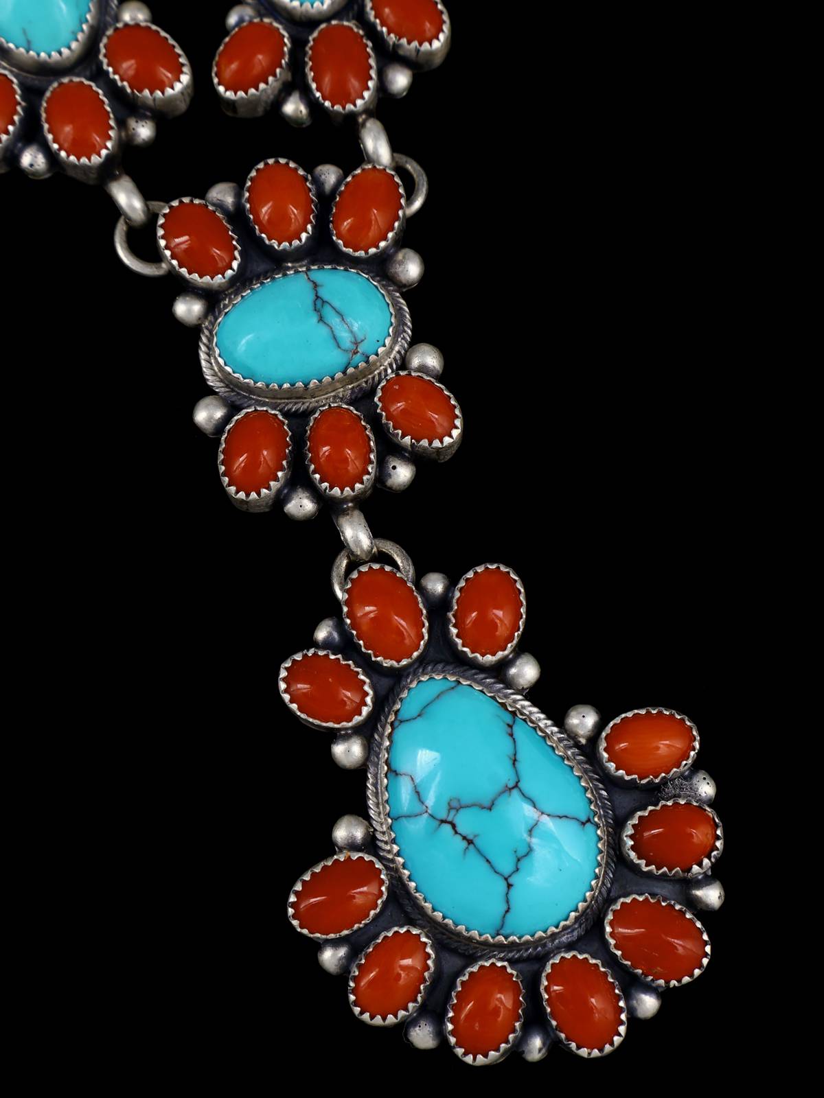 Navajo Sterling Silver Prince Turquoise and Coral Lariat Necklace