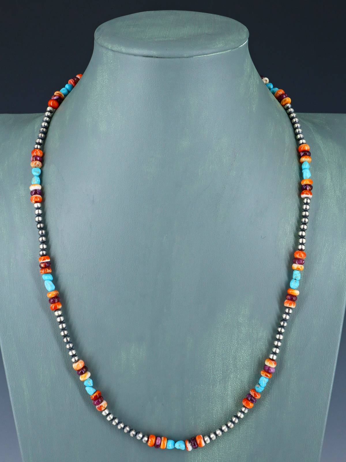 24" Native American Turquoise, Spiny Oyster and Silver Bead Necklace