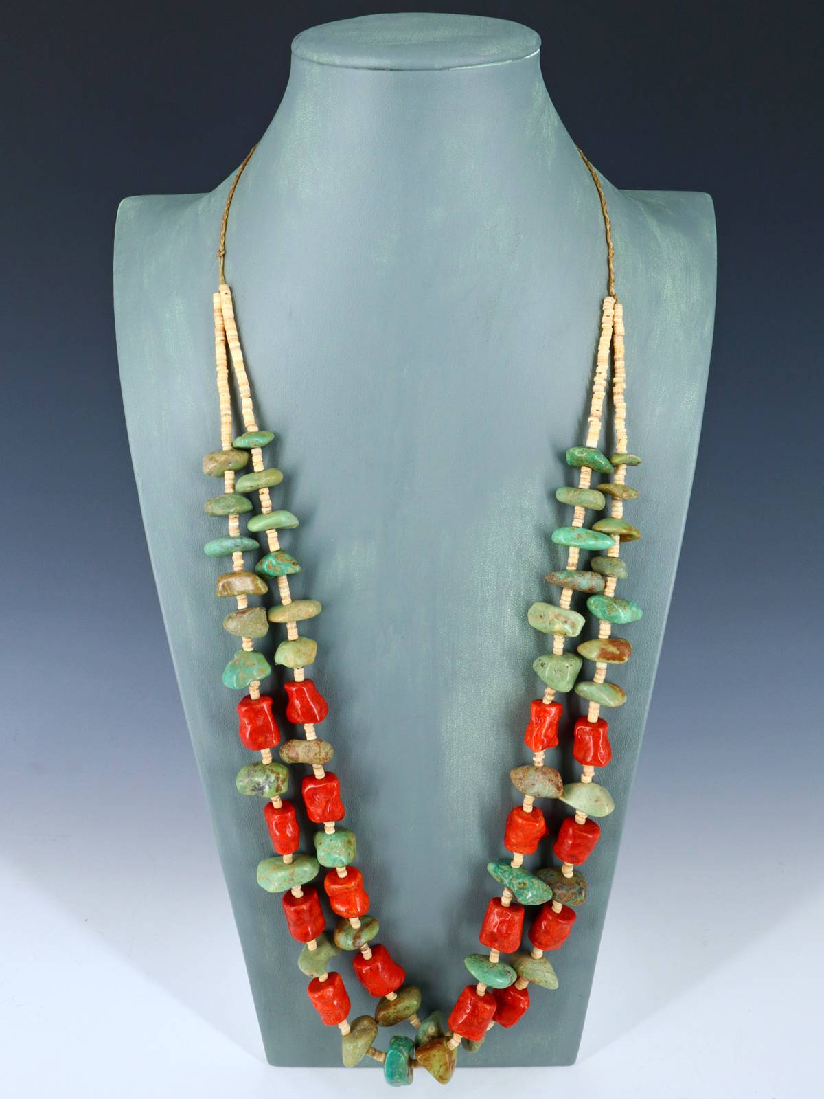 Estate Native American Two Strand Turquoise and Apple Coral Necklace
