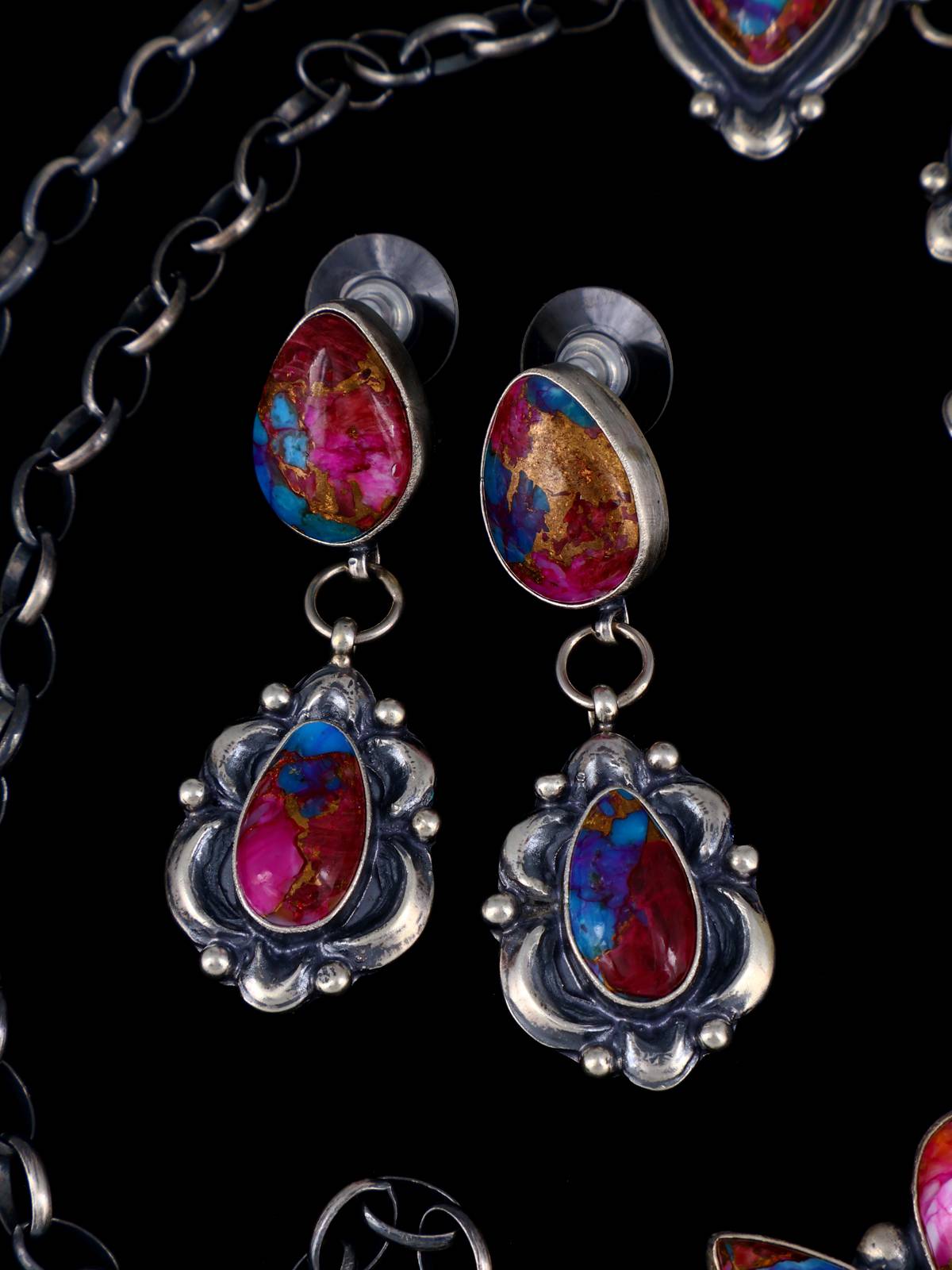 Native American Turquoise and Spiny Oyster Sterling Silver Lariat Necklace and Earring Set