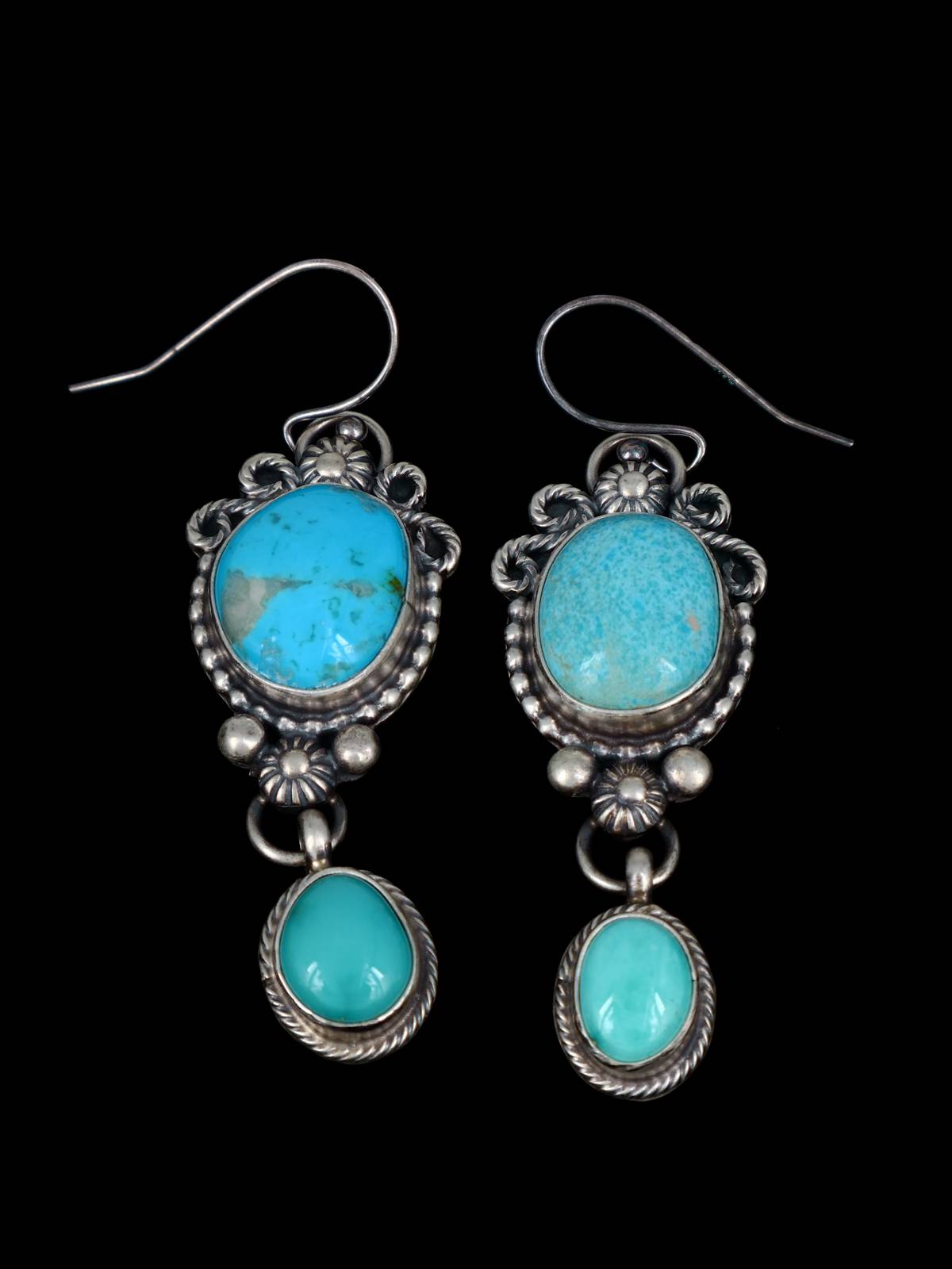 Navajo Blue and Green Turquoise Sterling Silver Squash Blossom Necklace Set