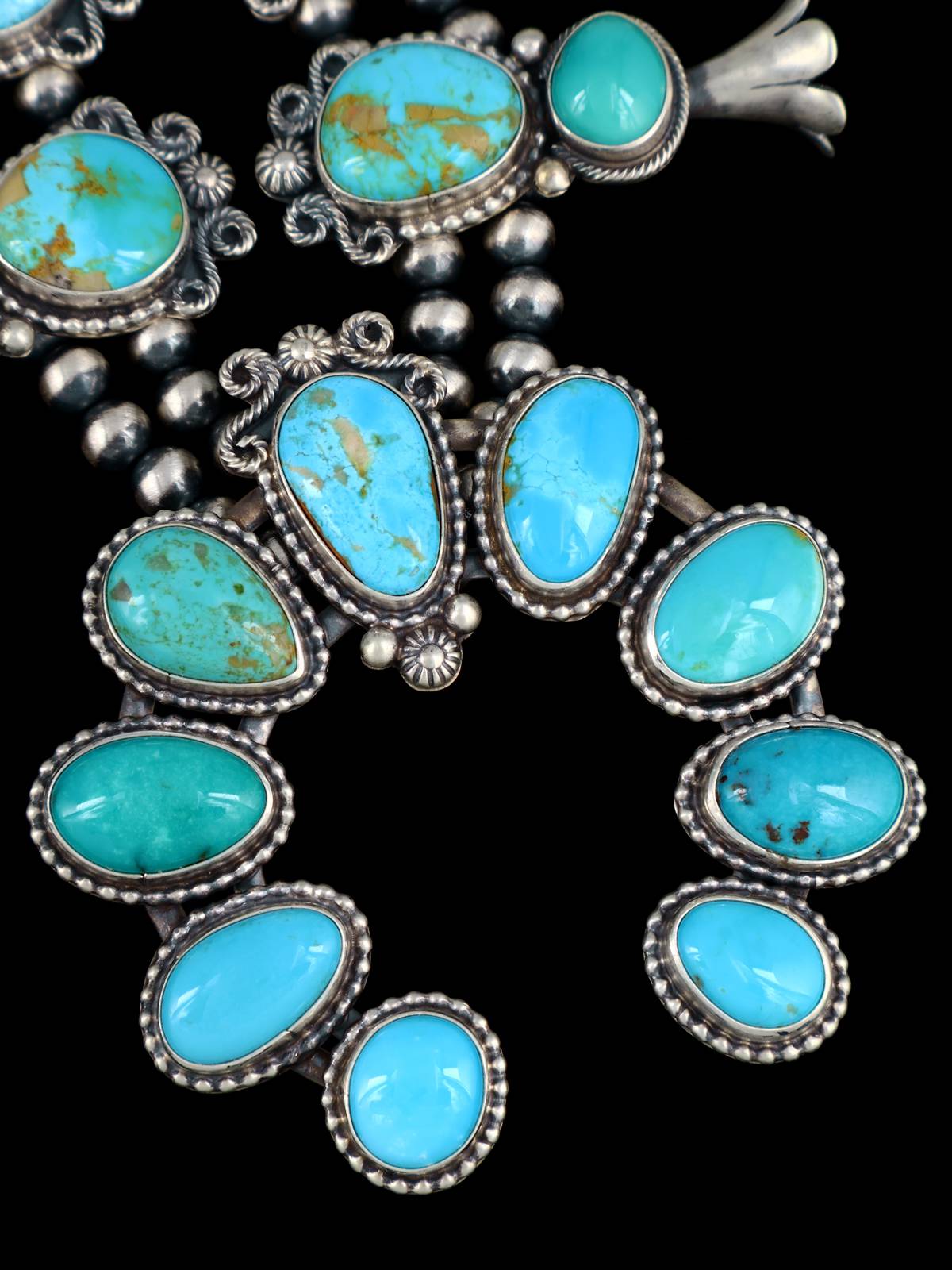 Navajo Blue and Green Turquoise Sterling Silver Squash Blossom Necklace Set