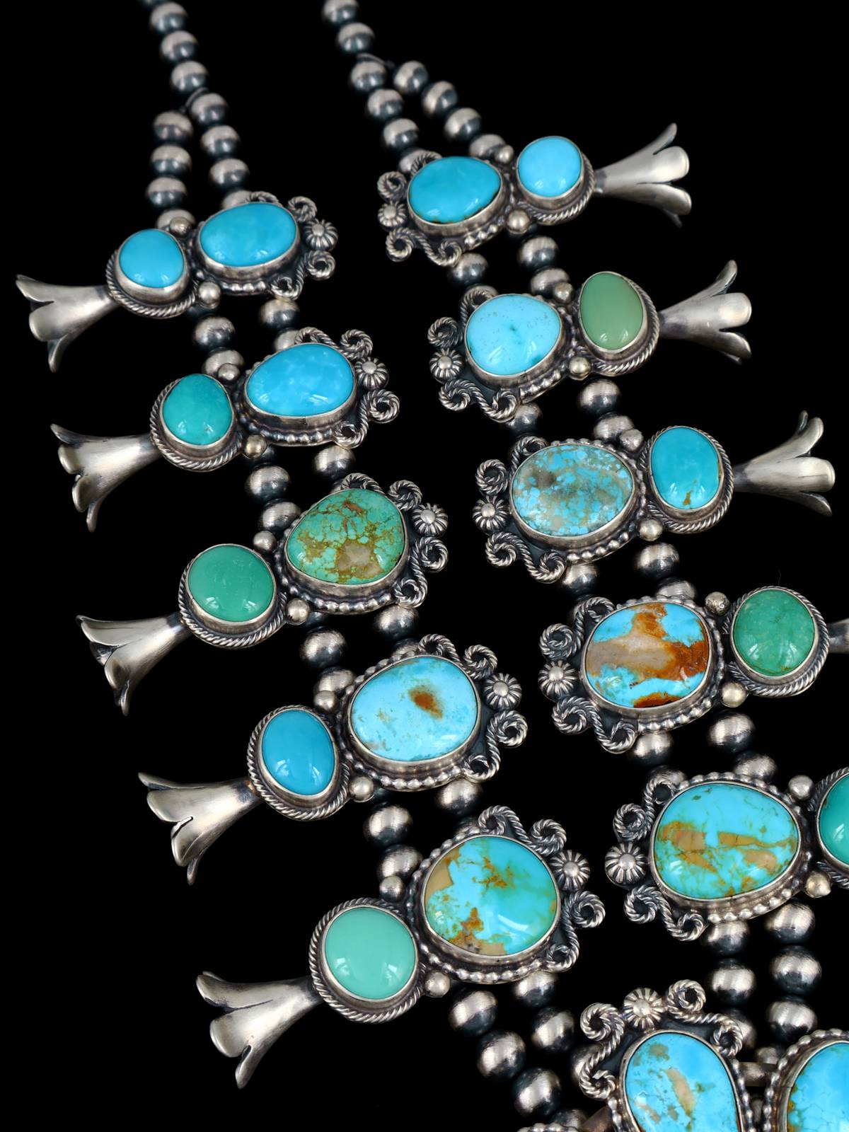 Navajo Blue and Green Turquoise Sterling Silver Squash Blossom Necklace Set