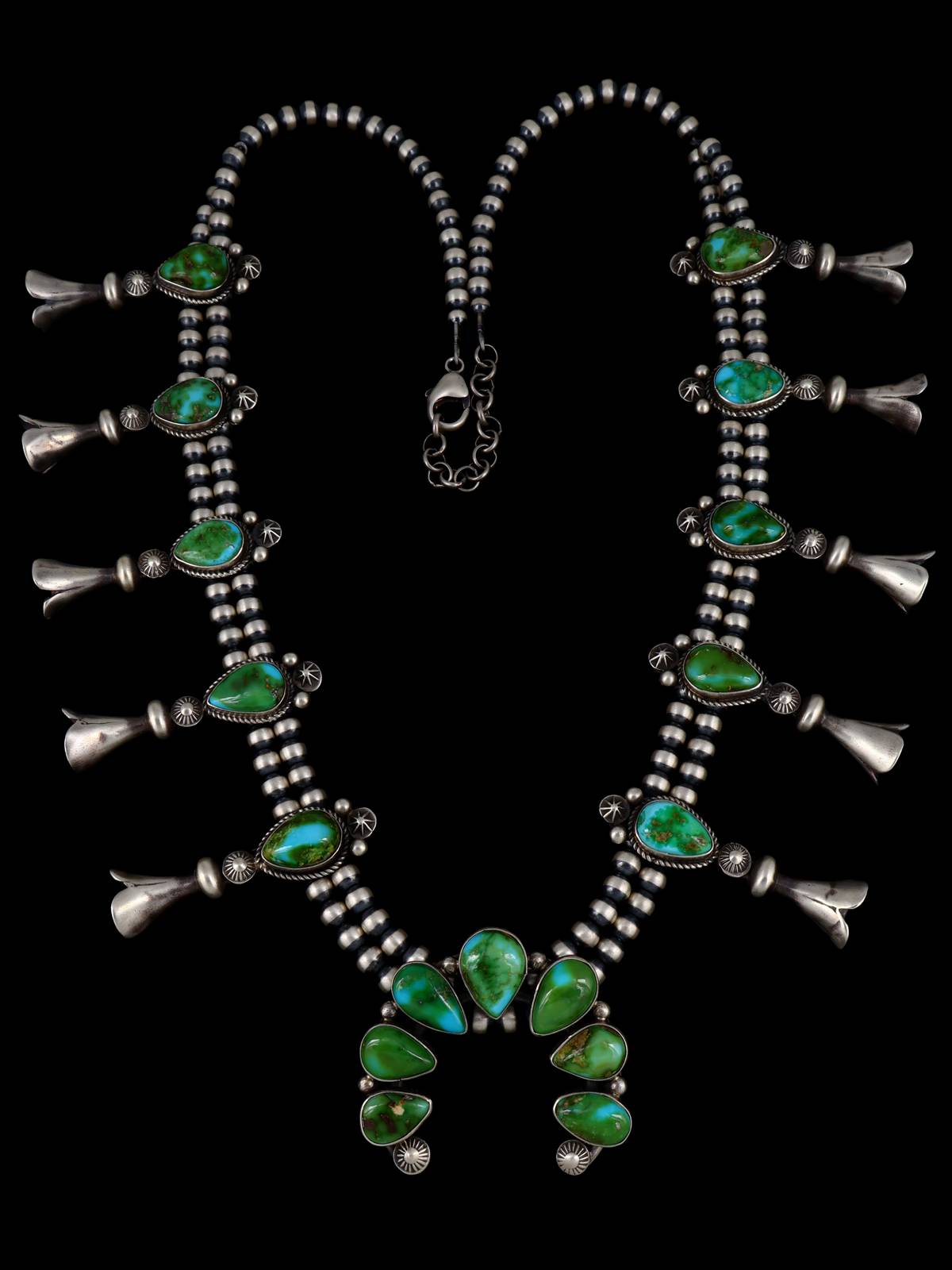 Navajo Jewelry Sonoran Gold Turquoise Squash Blossom Necklace - PuebloDirect.com