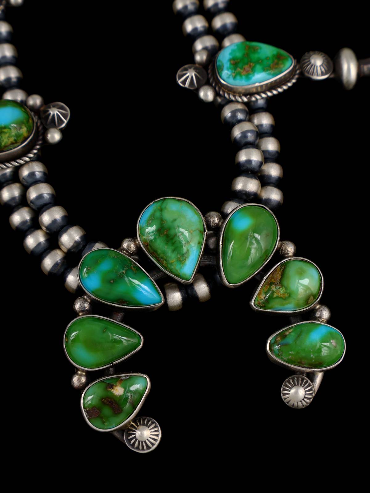 Navajo Jewelry Sonoran Gold Turquoise Squash Blossom Necklace - PuebloDirect.com