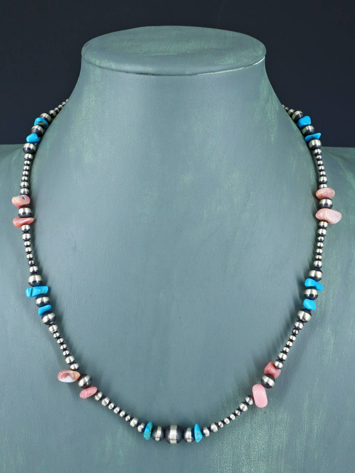 20" Navajo Jewelry Single Strand Turquoise and Pink Conch Beaded Necklace - PuebloDirect.com