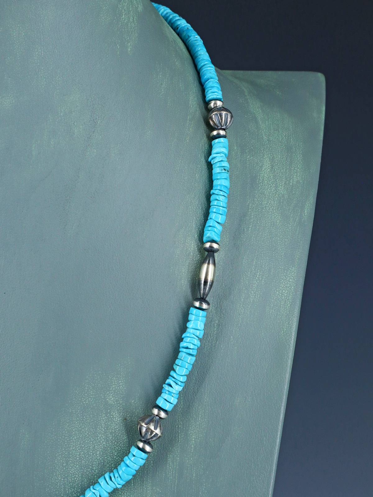 22" Native American Turquoise and Silver Beaded Necklace - PuebloDirect.com