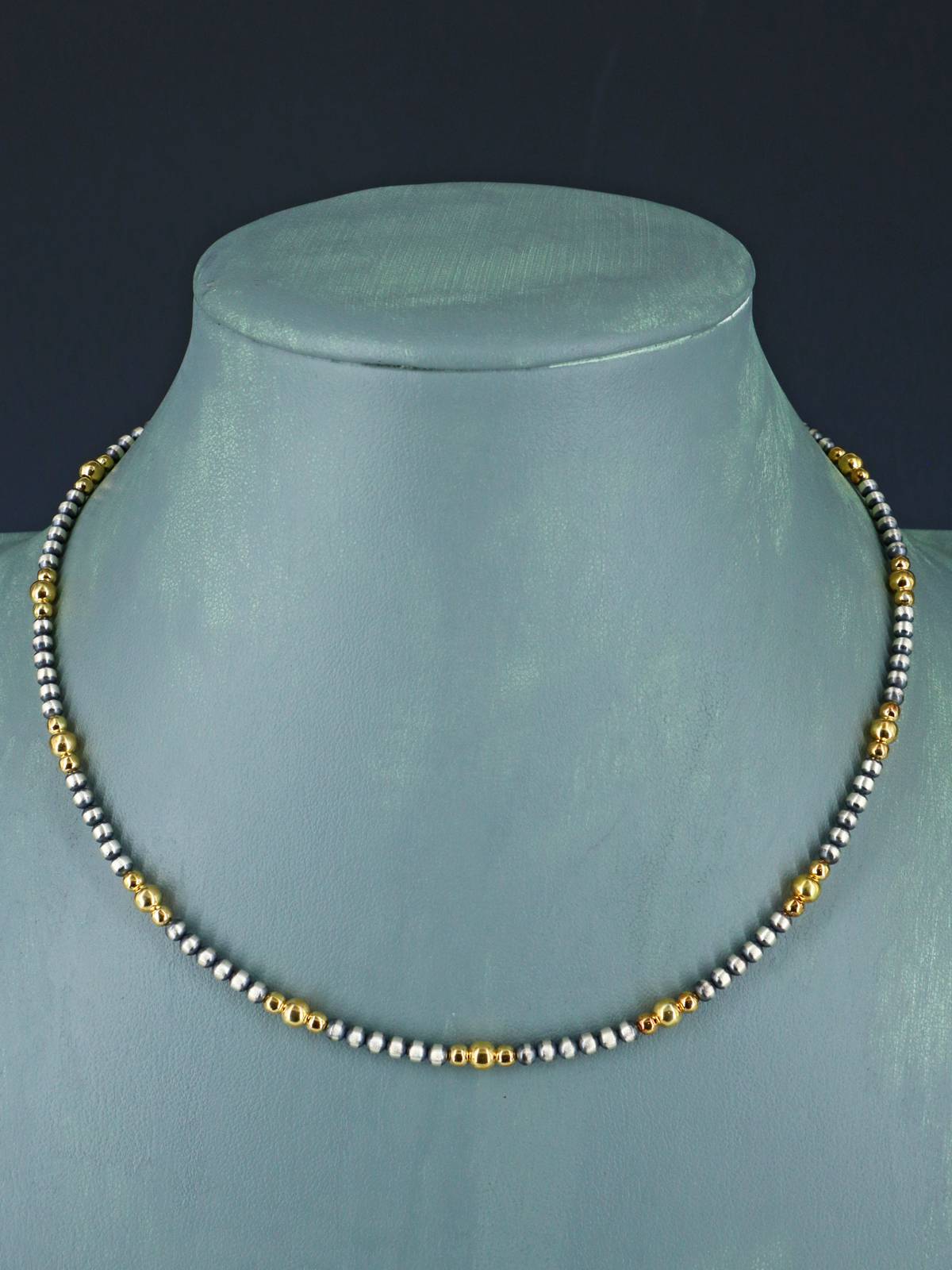 16" Native American Gold and Silver Bead Choker Necklace - PuebloDirect.com