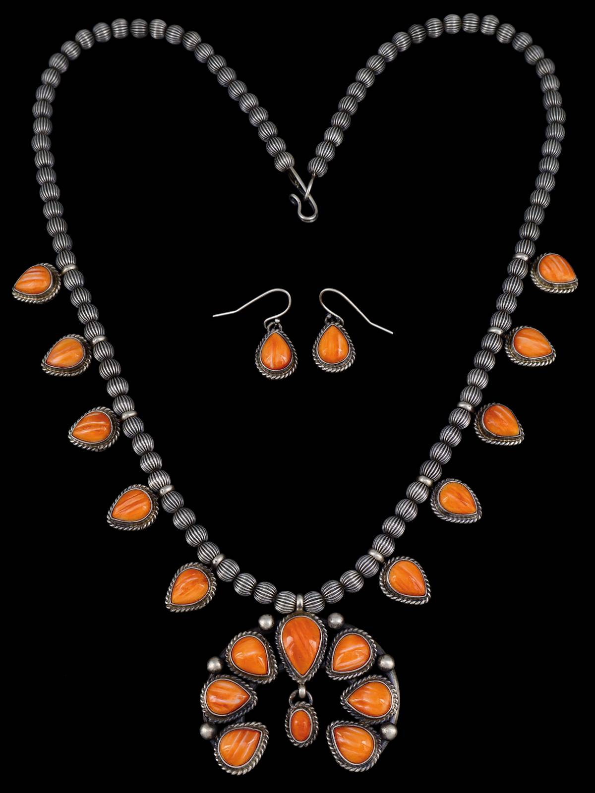 Navajo Spiny Oyster Sterling Silver Petite Squash Blossom Necklace Set - PuebloDirect.com