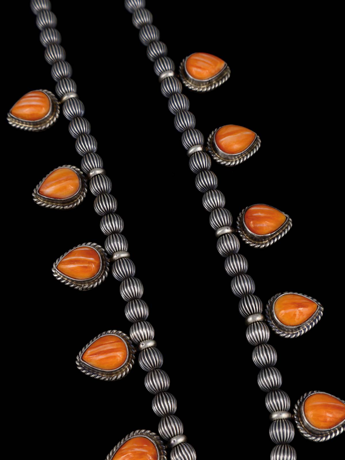 Navajo Spiny Oyster Sterling Silver Petite Squash Blossom Necklace Set - PuebloDirect.com