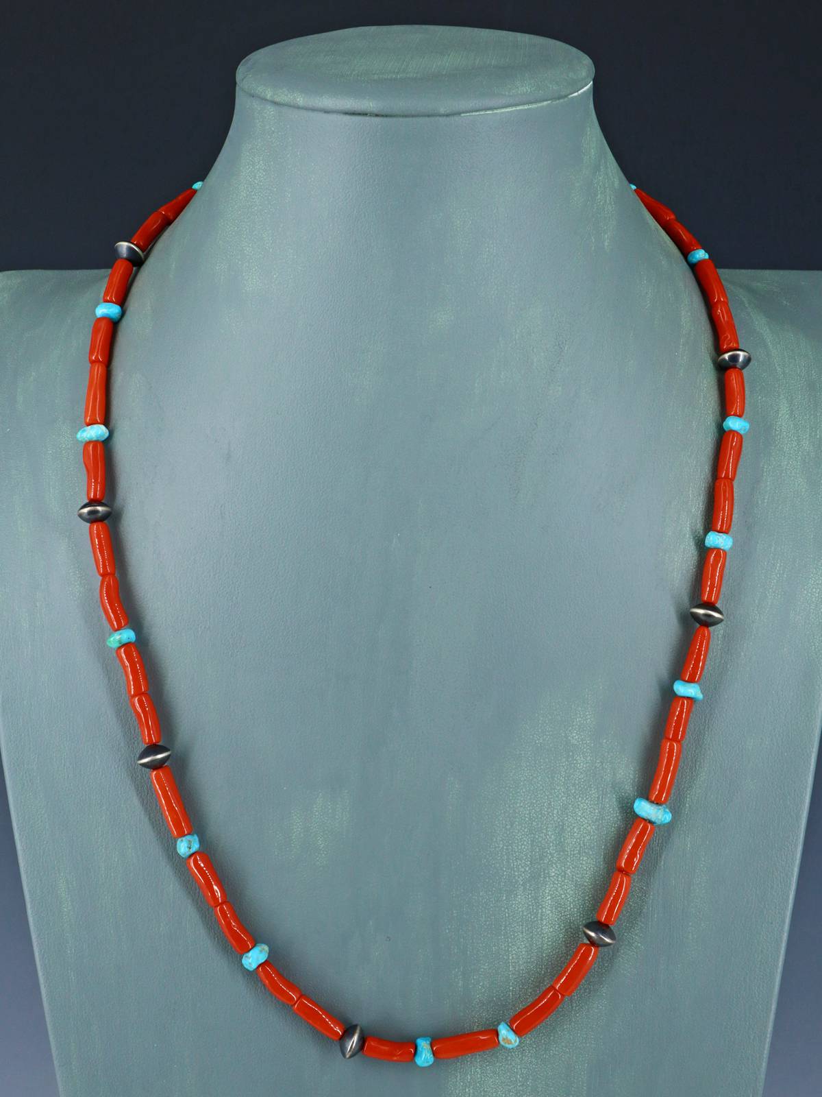 Navajo Natural Coral and Turquoise Single Strand Necklace - PuebloDirect.com