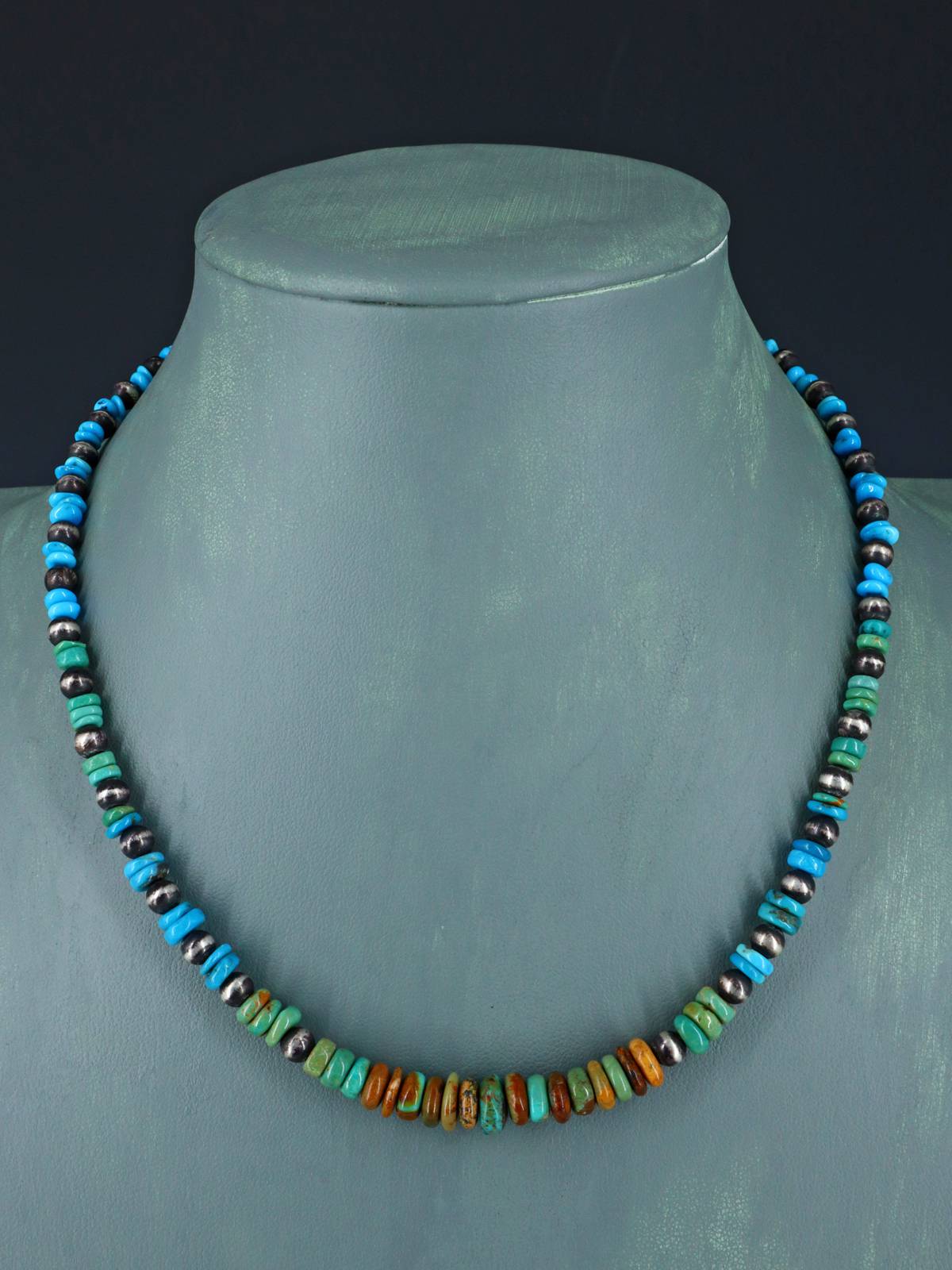 Navajo Blue and Green Turquoise Beaded Single Strand Choker Necklace - PuebloDirect.com
