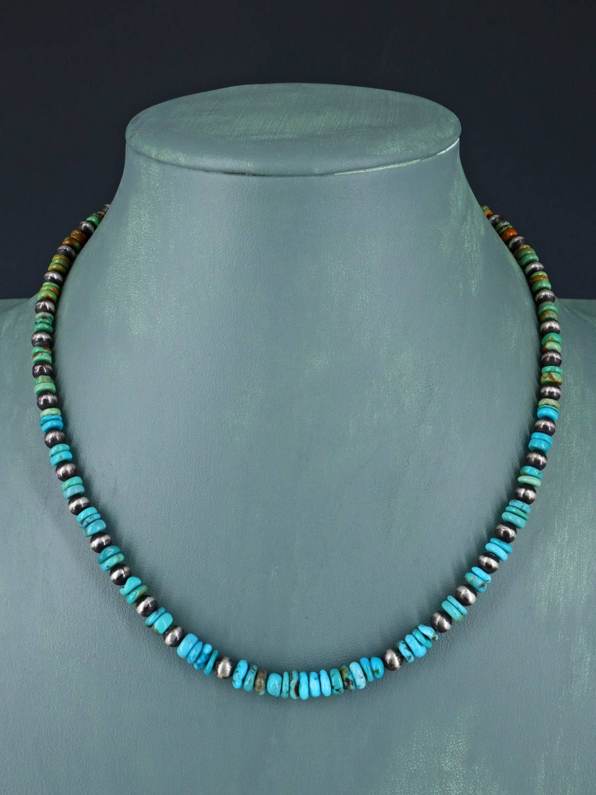 Navajo Blue and Green Turquoise Beaded Single Strand Choker Necklace - PuebloDirect.com