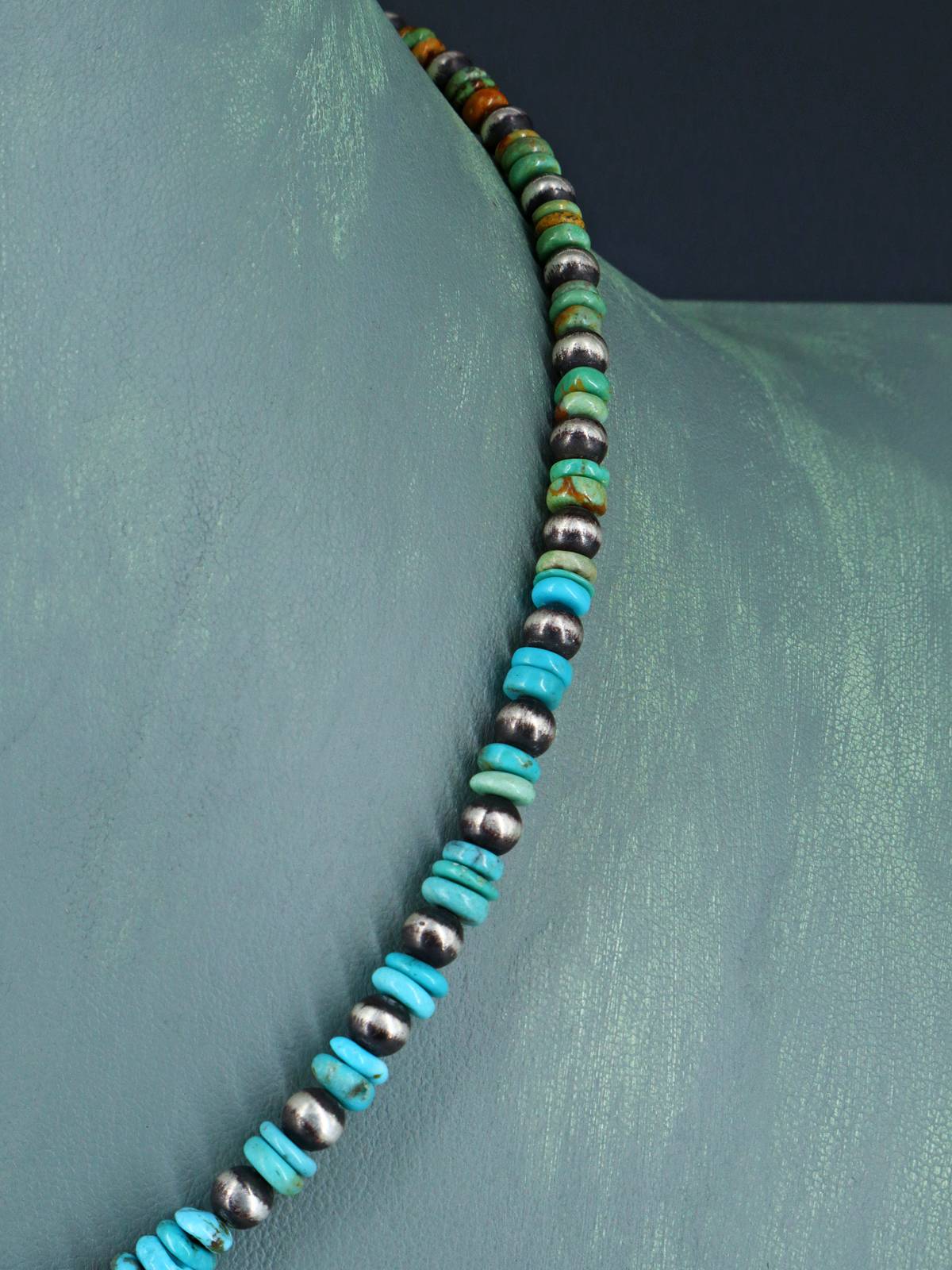 Navajo Blue and Green Turquoise Beaded Single Strand Choker Necklace - PuebloDirect.com