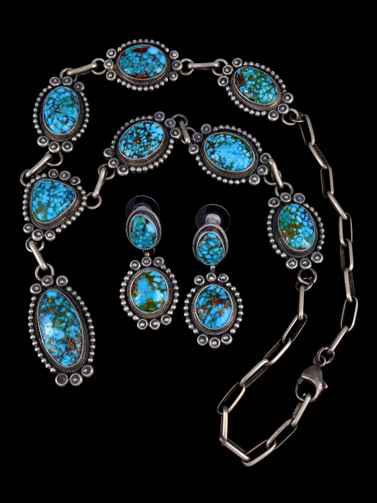 Navajo Jewelry Sterling Silver Kingman Turquoise Lariat Necklace Set - PuebloDirect.com