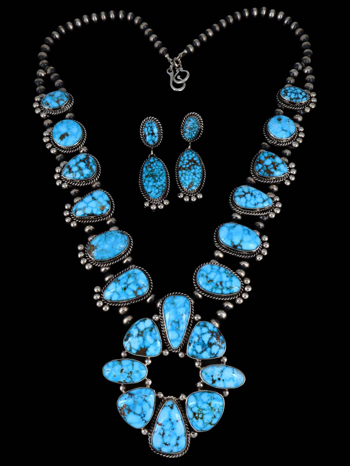 Native American Jewelry Kingman Turquoise Squash Blossom Necklace Set - PuebloDirect.com