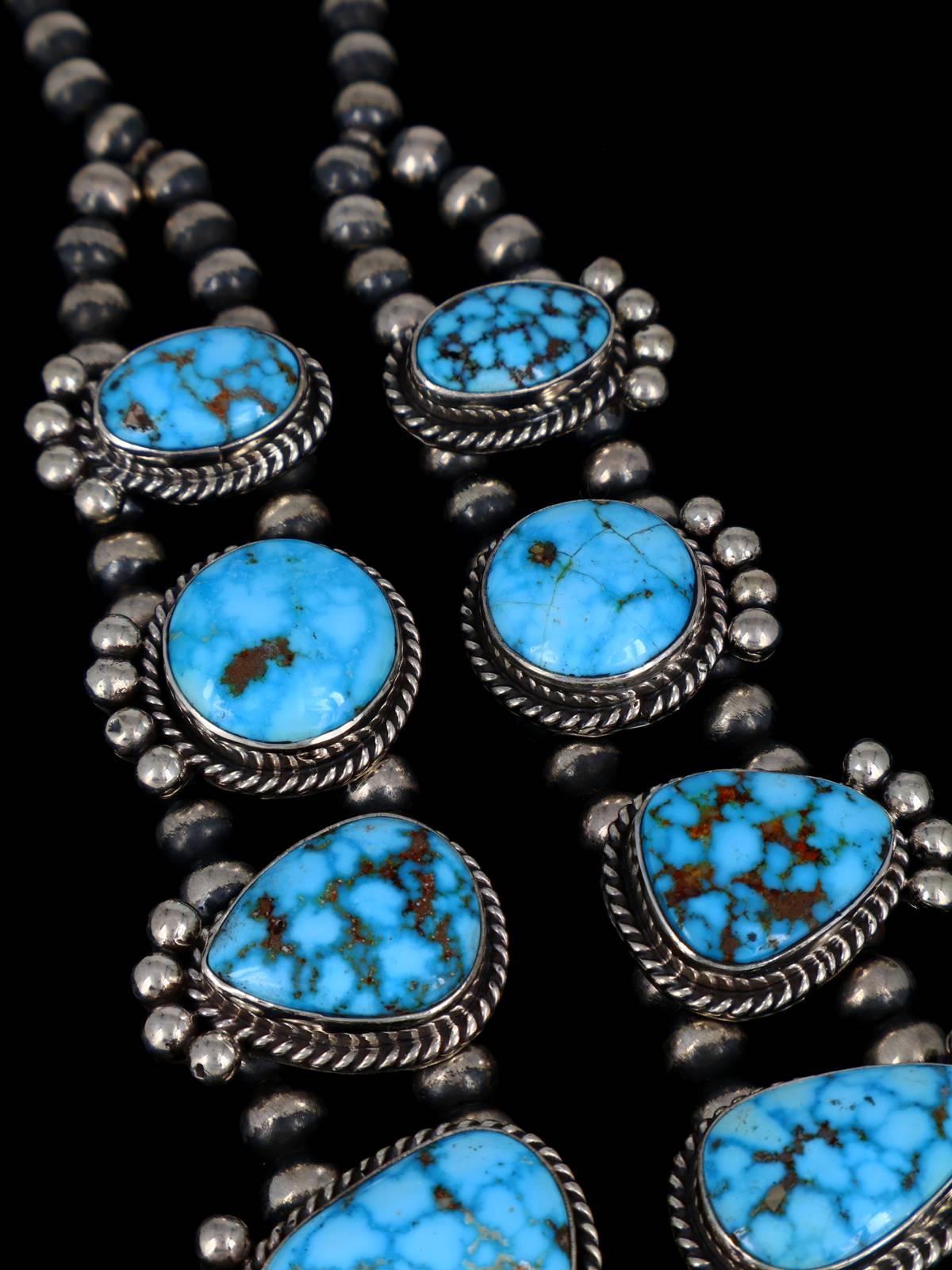 Native American Jewelry Kingman Turquoise Squash Blossom Necklace Set - PuebloDirect.com