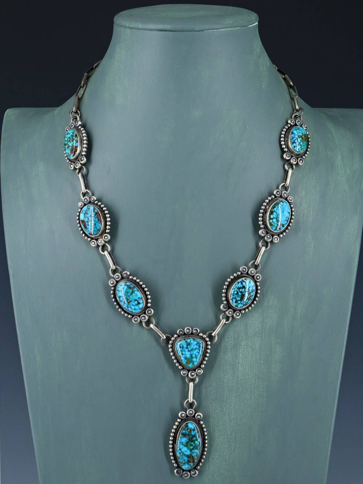 Navajo Jewelry Sterling Silver Kingman Turquoise Lariat Necklace Set - PuebloDirect.com