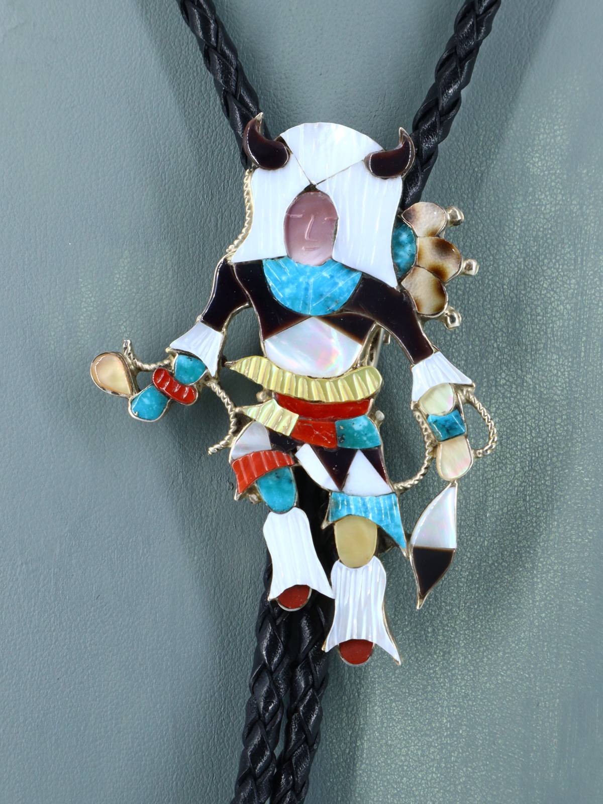 Sterling Silver Zuni Inlay Buffalo Dancer Bolo Tie