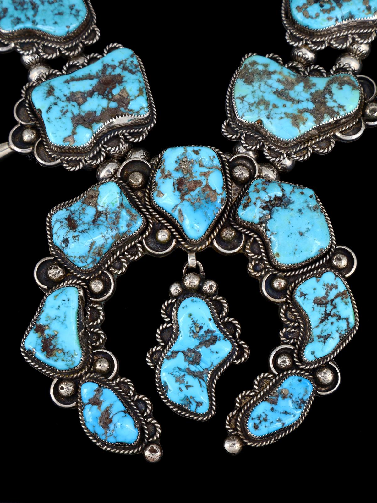 Vintage Native American Turquoise Sterling Silver Squash Blossom Necklace - PuebloDirect.com