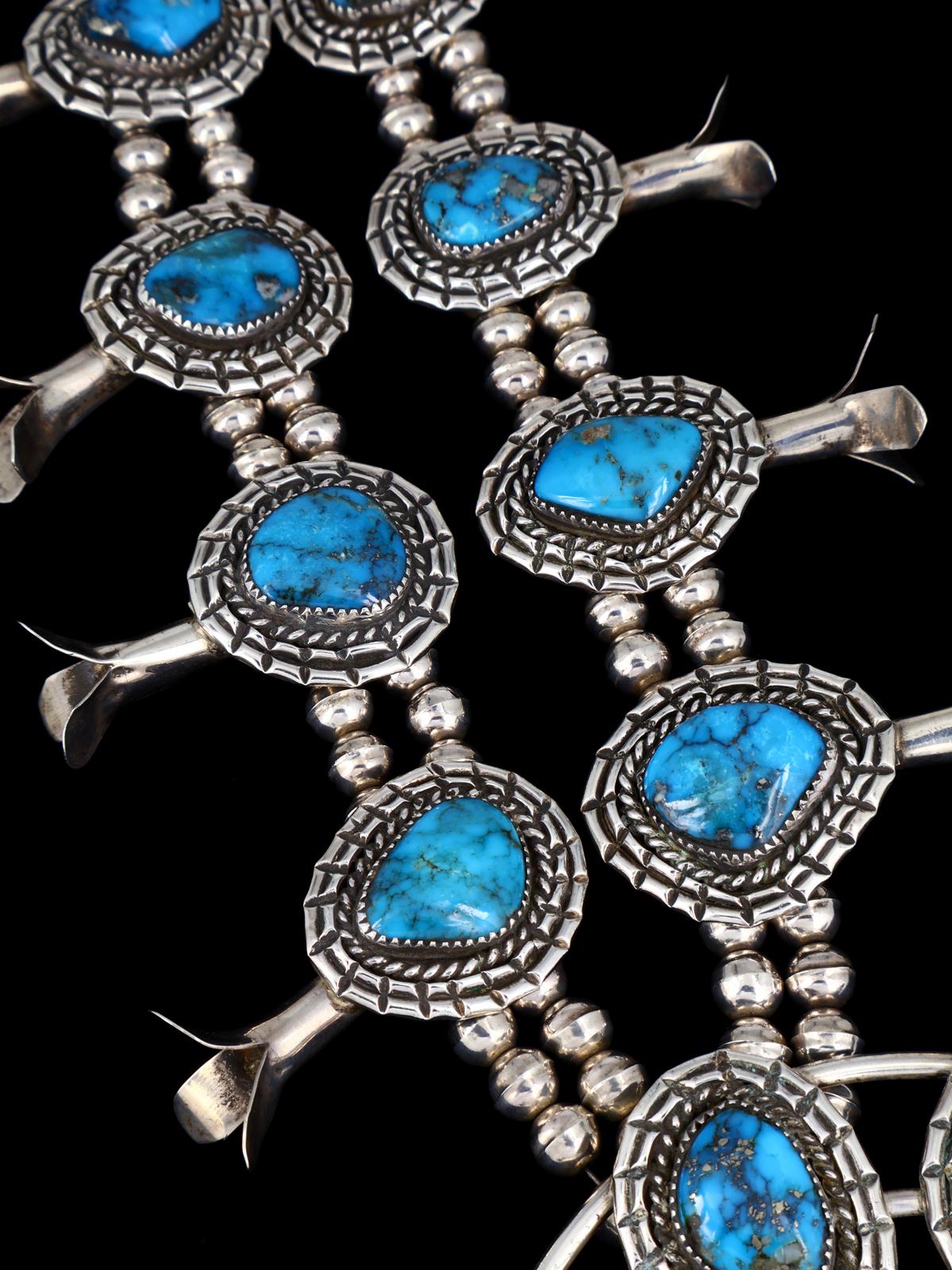 Vintage Native American Ithaca Peak Turquoise Sterling Silver Squash Blossom Necklace