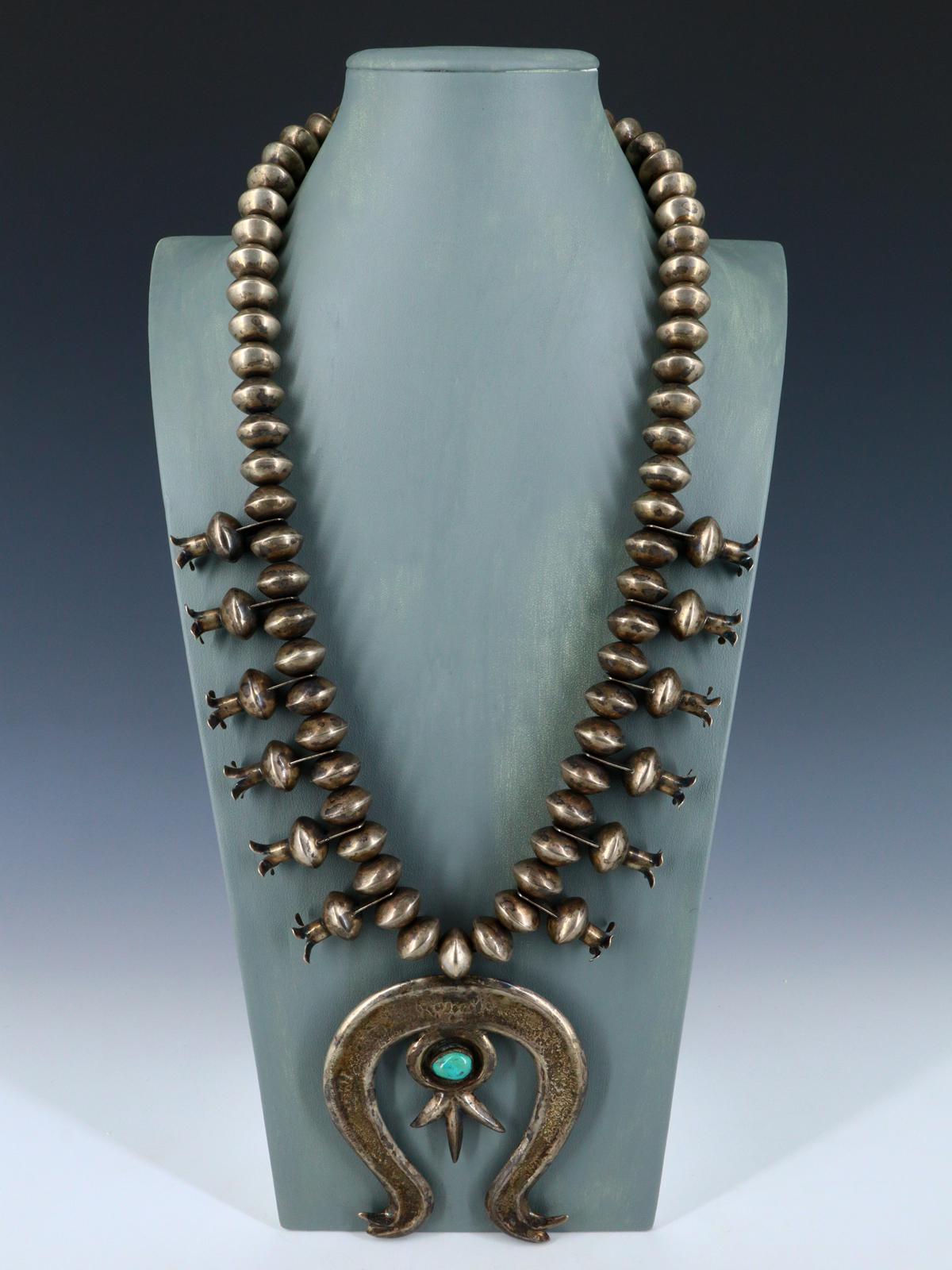 Old Native American Turquoise Sterling Silver Squash Blossom Necklace - PuebloDirect.com