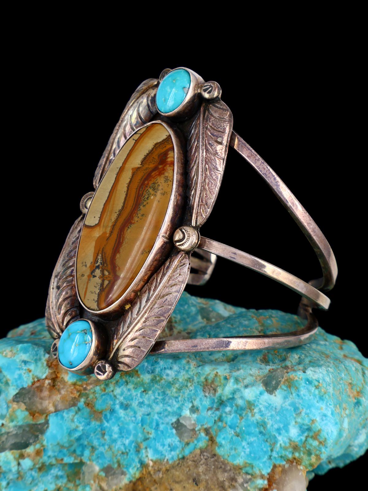 Estate Native American Sterling Silver Owyhee Jasper and Turquoise Cuff Bracelet - PuebloDirect.com