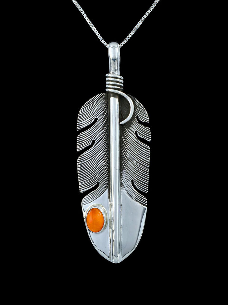 Navajo Sterling Silver Spiny Oyster Feather Pendant - PuebloDirect.com