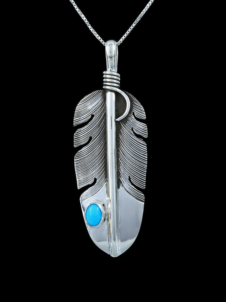 Navajo Sterling Silver Turquoise Feather Pendant - PuebloDirect.com