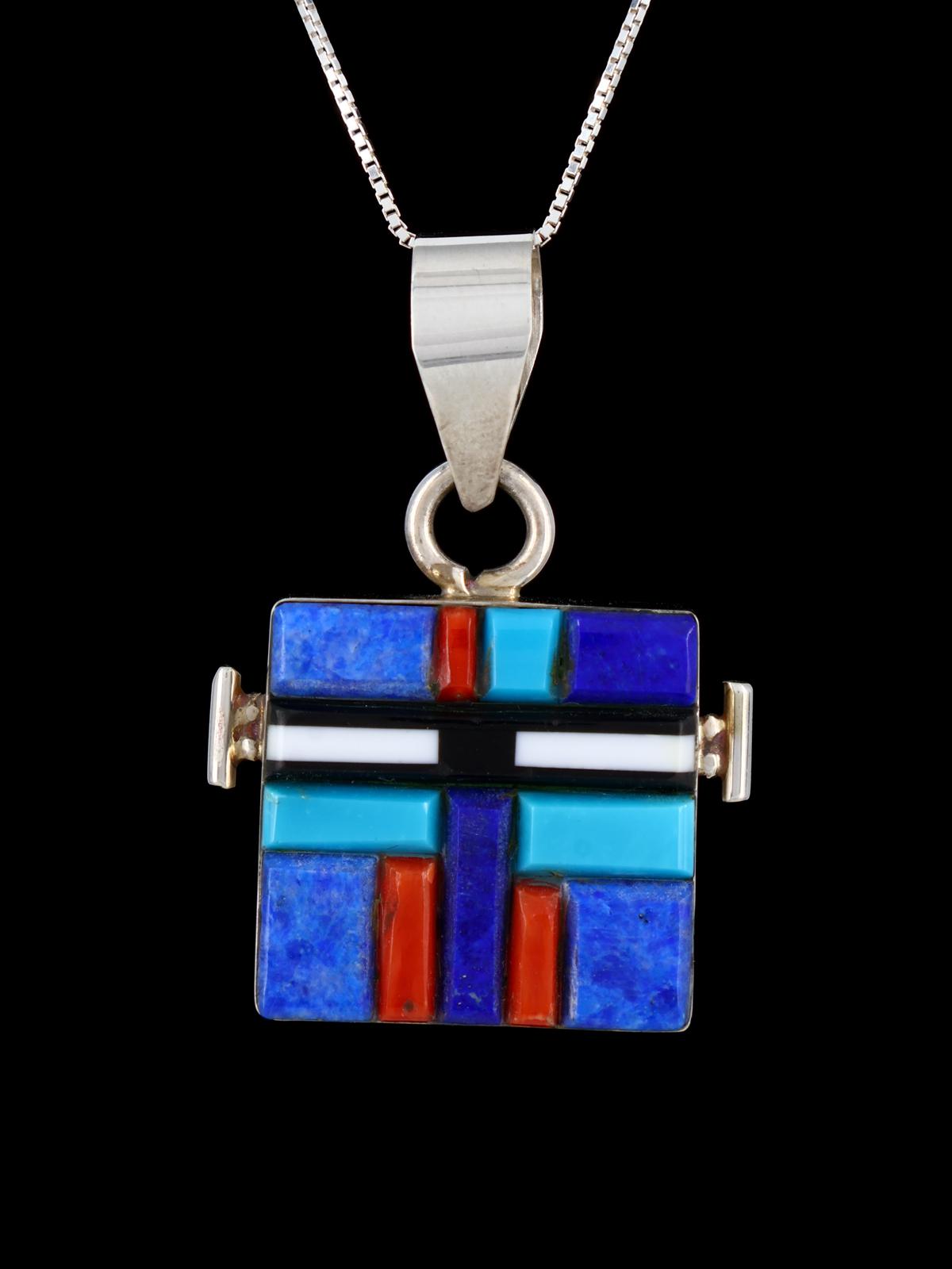 Navajo Reversible Sterling Silver Multistone Inlay Yei Pendant - PuebloDirect.com