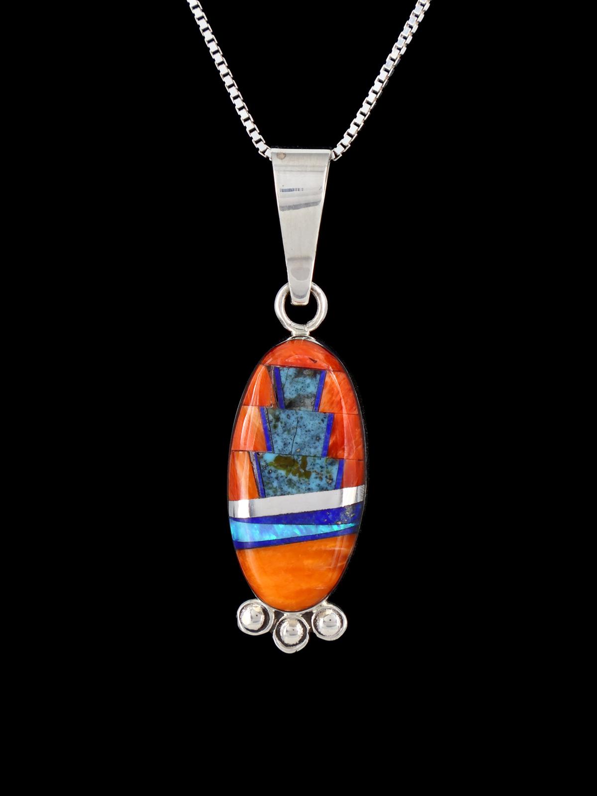 Navajo Sterling Silver Turquoise and Spiny Oyster Inlay Pendant - PuebloDirect.com