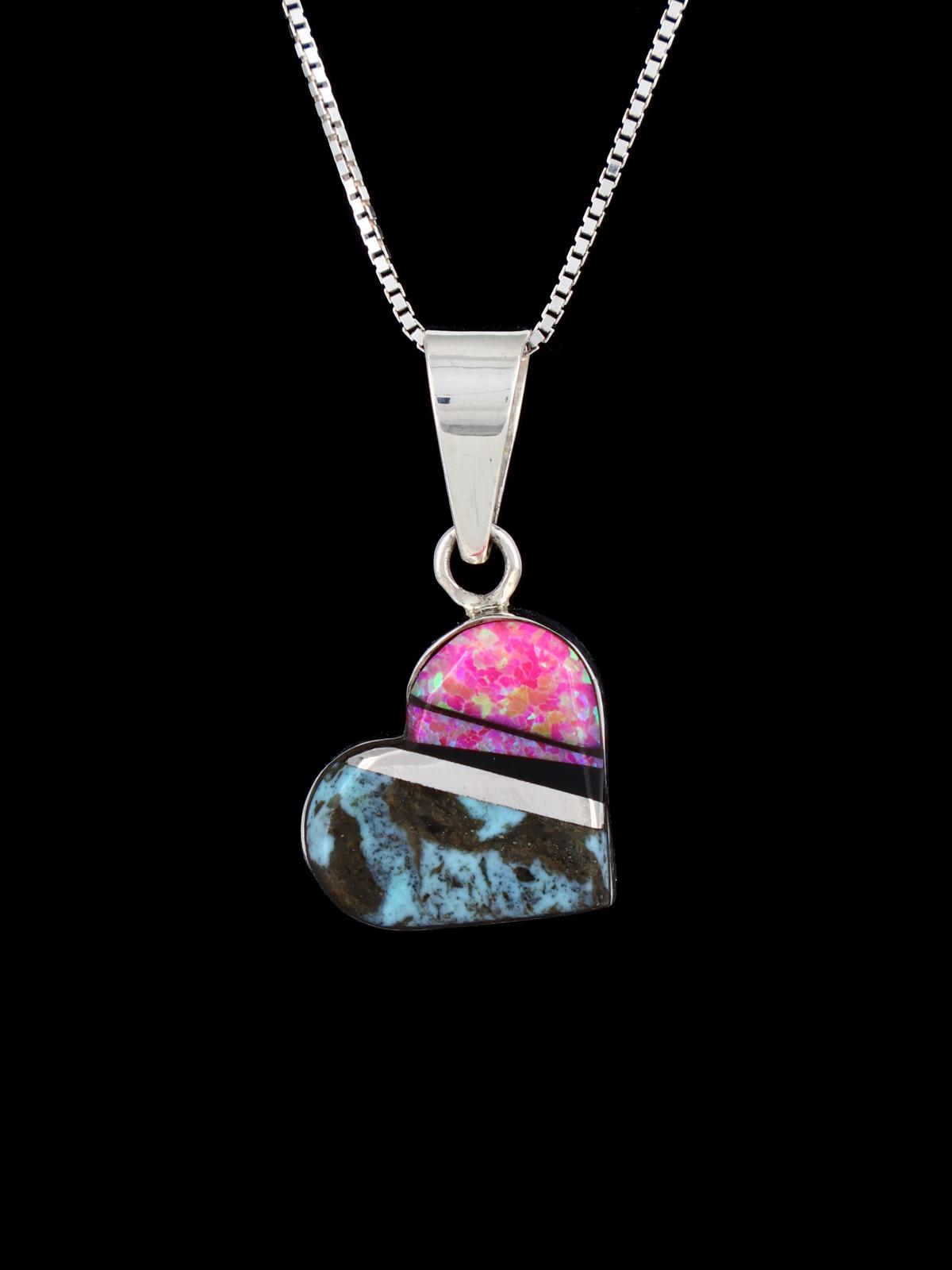 Navajo Sterling Silver Opalite and Turquoise Heart Inlay Pendant