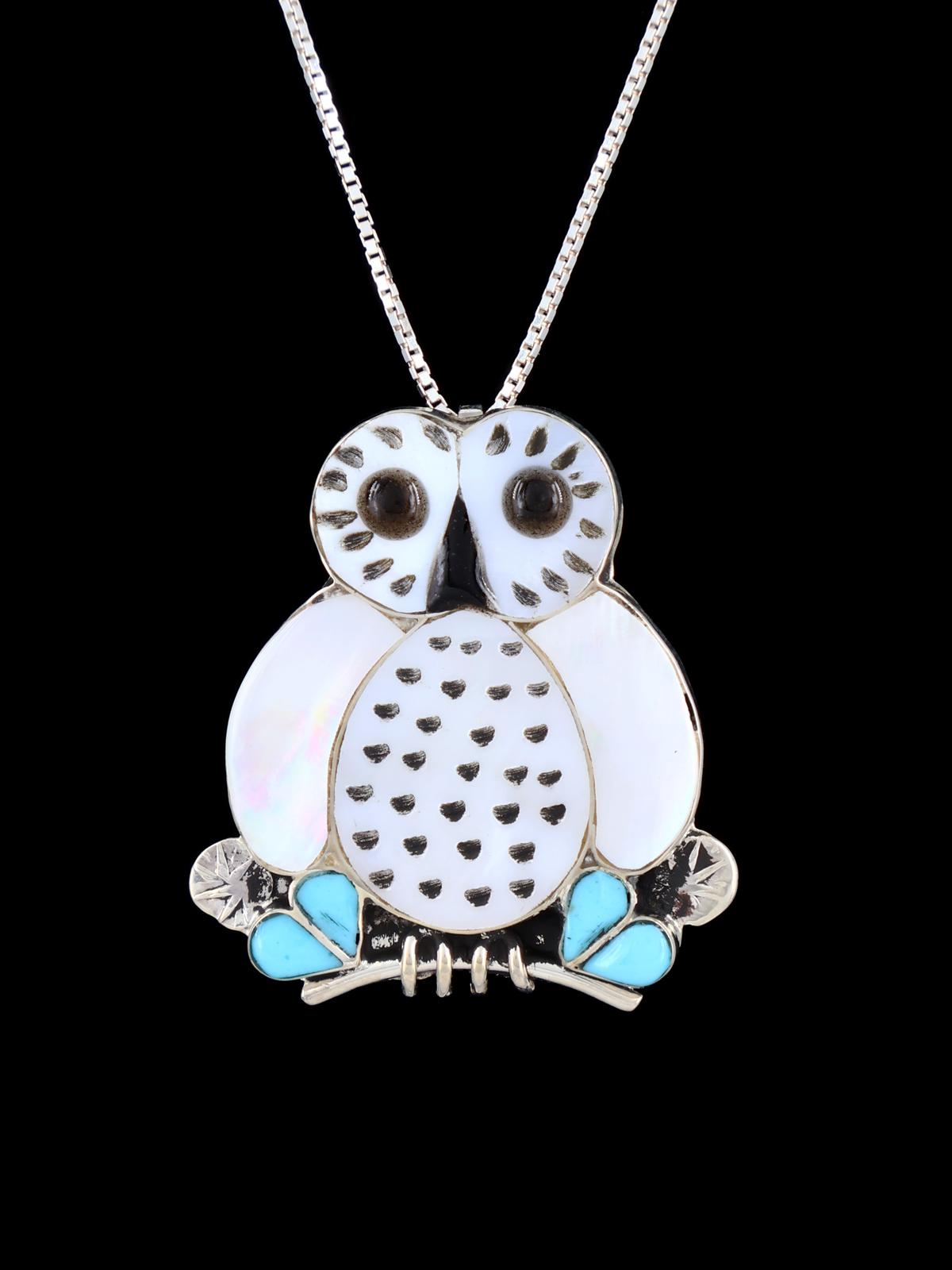 Zuni Inlay Mother of Pearl Owl Pin/Pendant - PuebloDirect.com