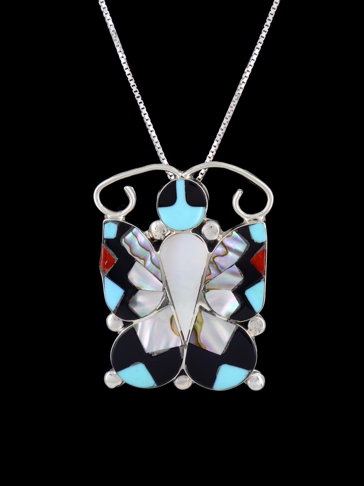 Sterling Silver Native American Zuni Inlay Butterfly Pendant