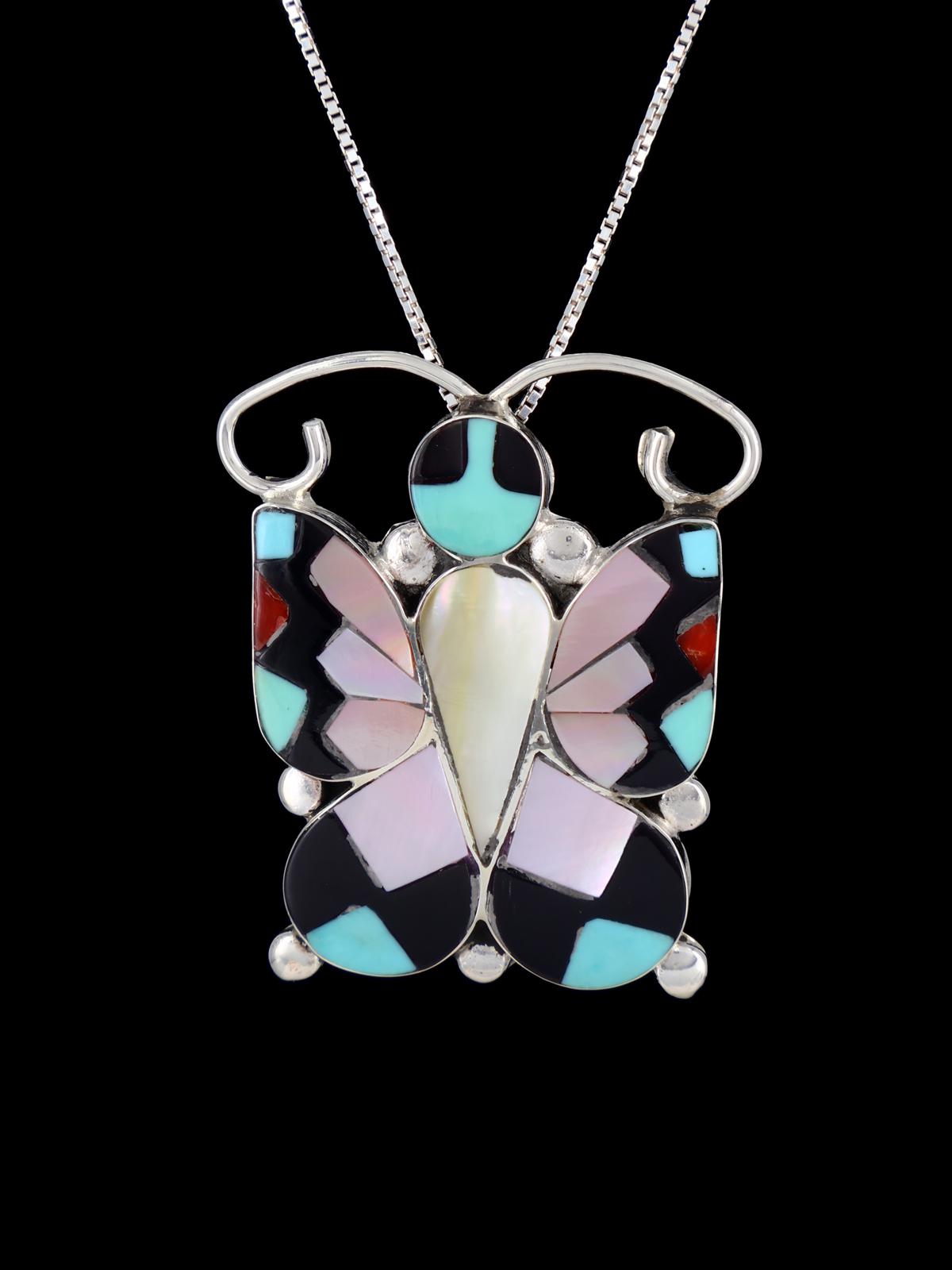 Sterling Silver Native American Zuni Inlay Butterfly Pendant