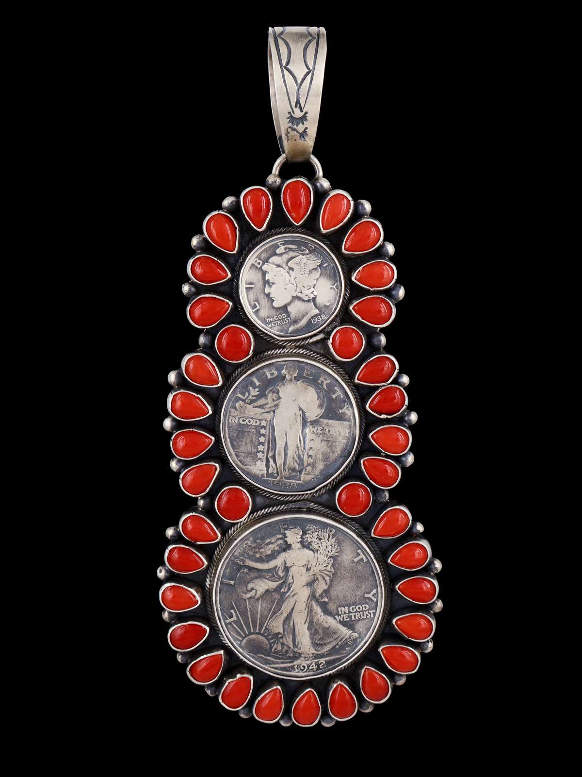 Large Navajo Red Coral and Coin Sterling Silver Cluster Pendant