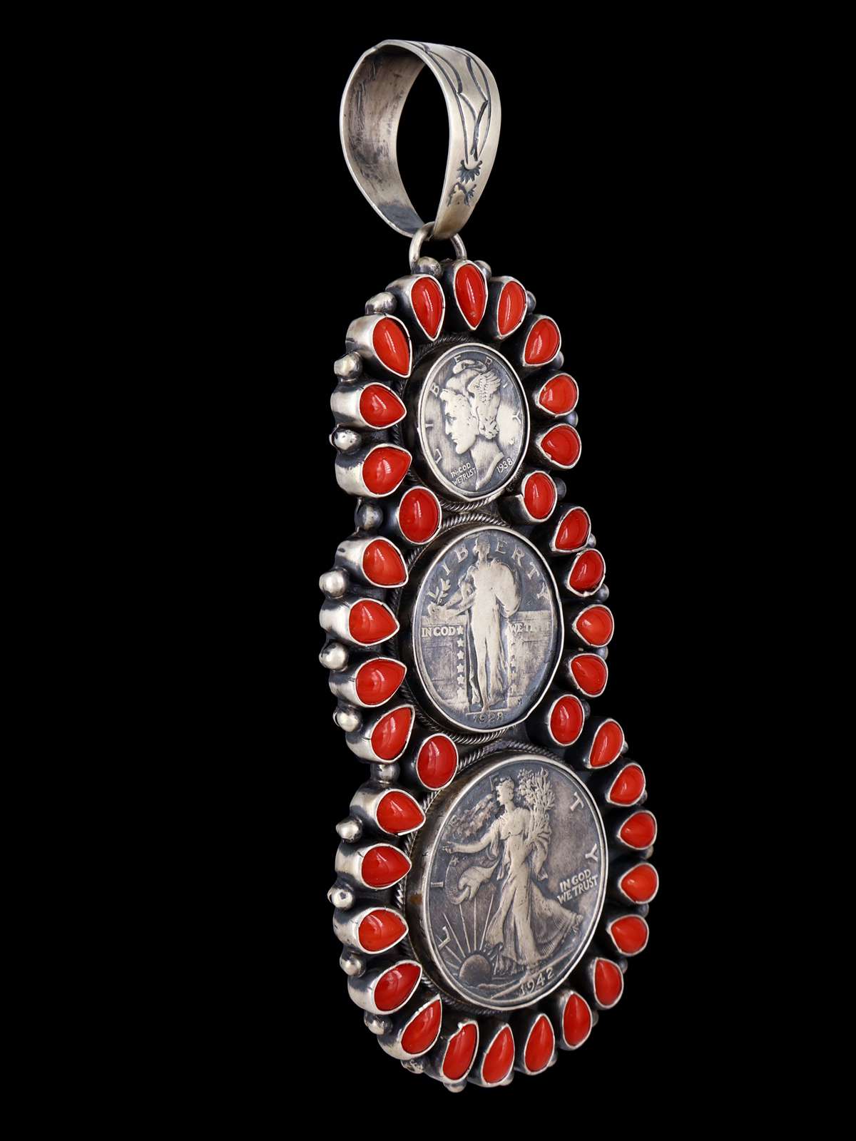 Large Navajo Red Coral and Coin Sterling Silver Cluster Pendant