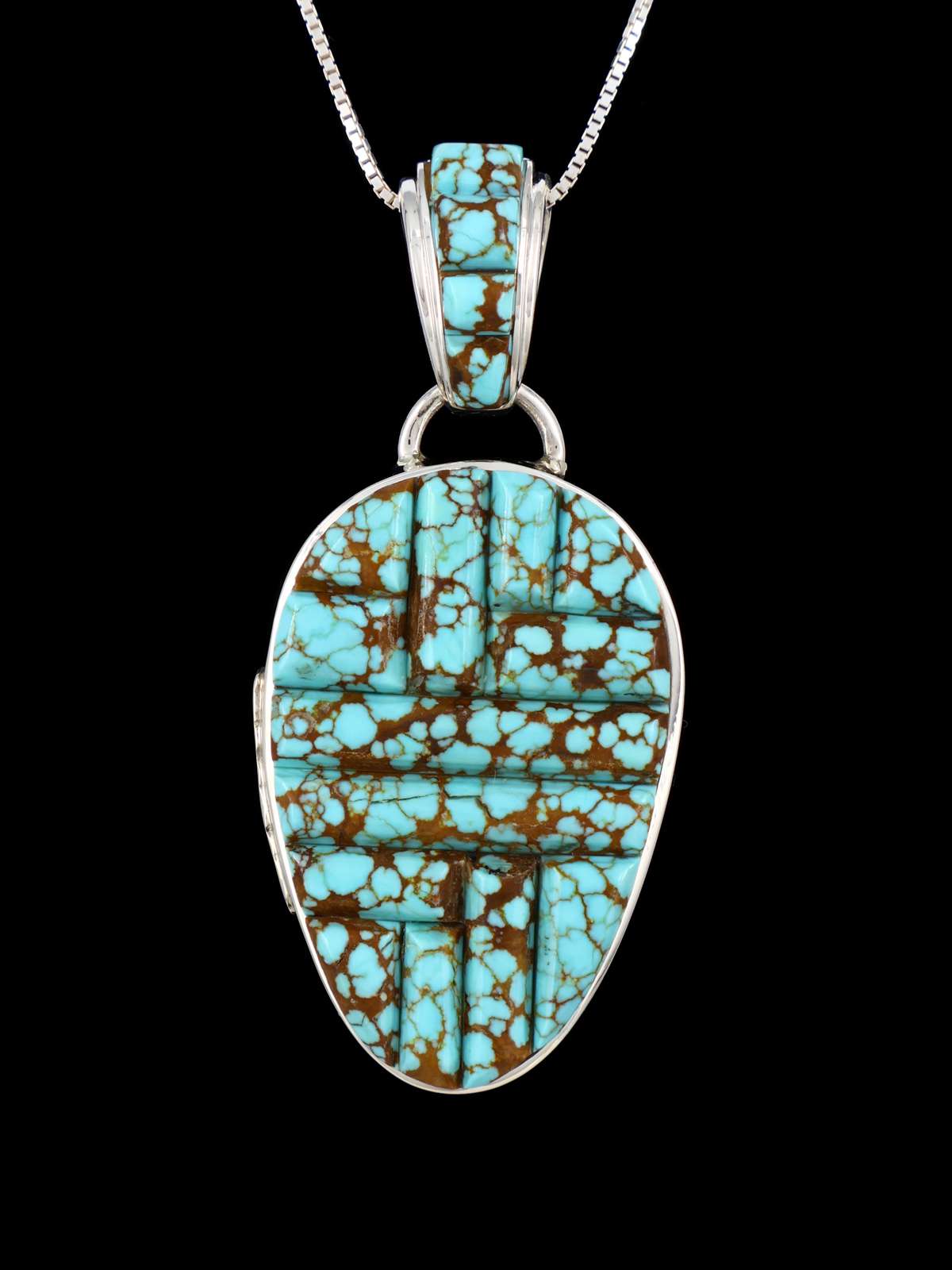 Navajo Cobblestone Inlay #8 Turquoise Sterling Silver Reversible Pendant - PuebloDirect.com