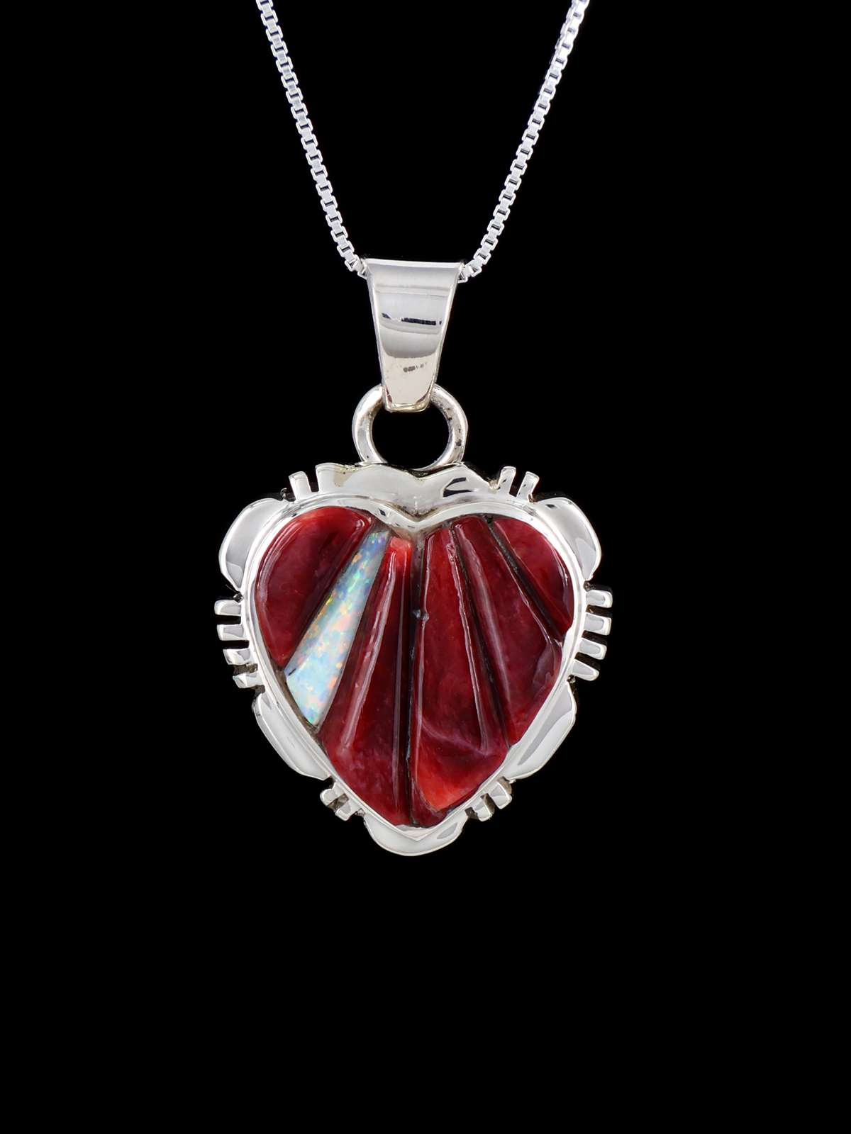 Navajo Cobblestone Spiny Oyster and Opalite Inlay Heart Pendant - PuebloDirect.com