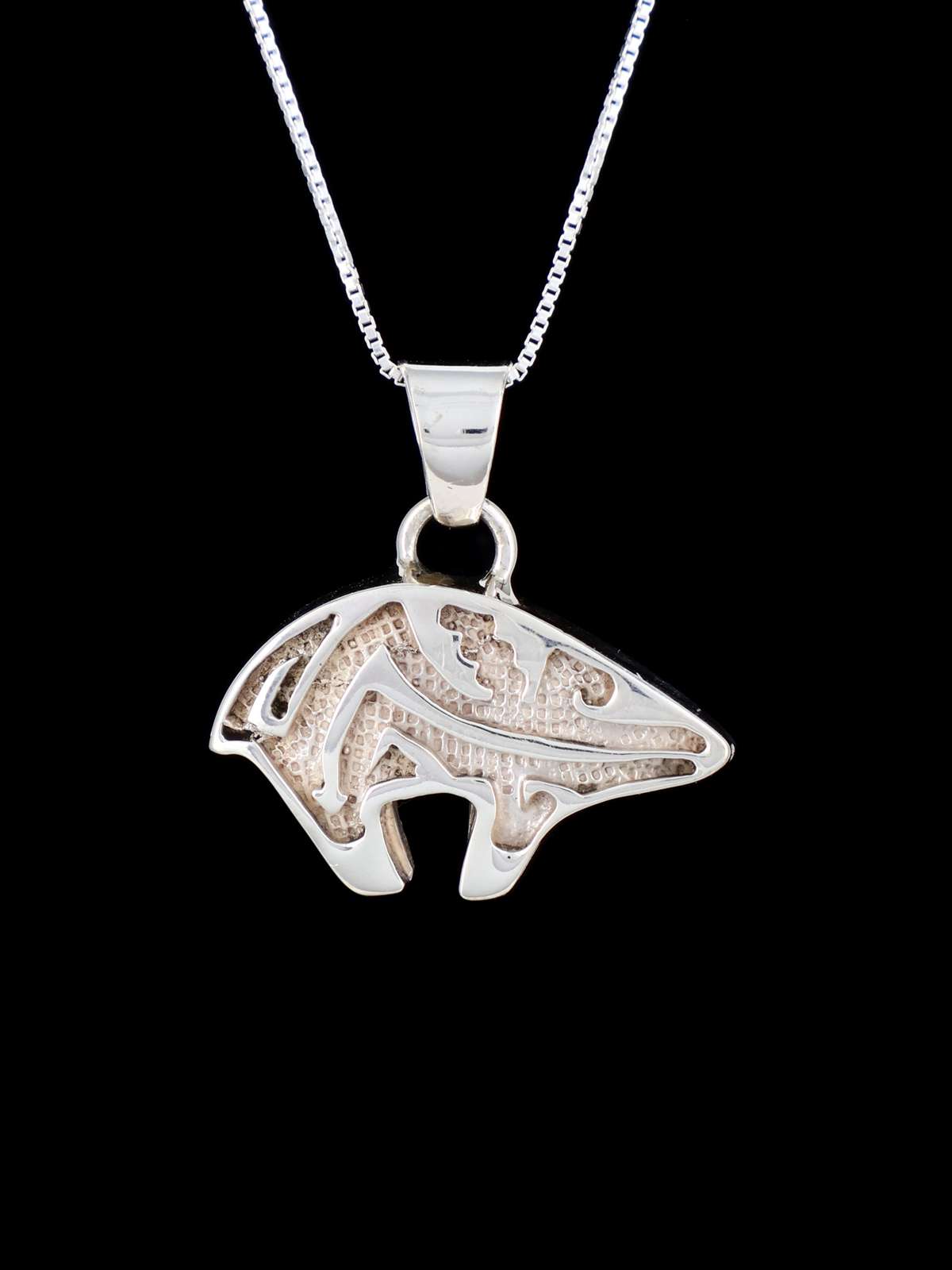 Navajo Sterling Silver Reversible Spiderweb Opal Inlay Bear Pendant - PuebloDirect.com