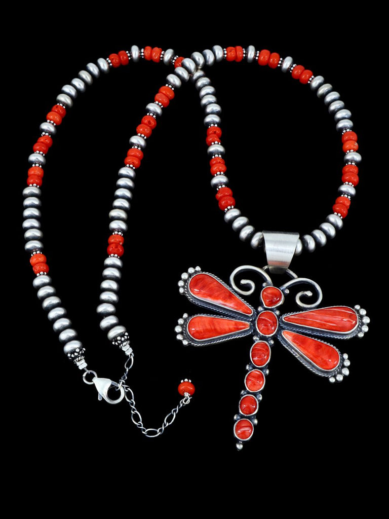 Native American Sterling Silver Spiny Oyster Dragonfly Beaded Necklace - PuebloDirect.com