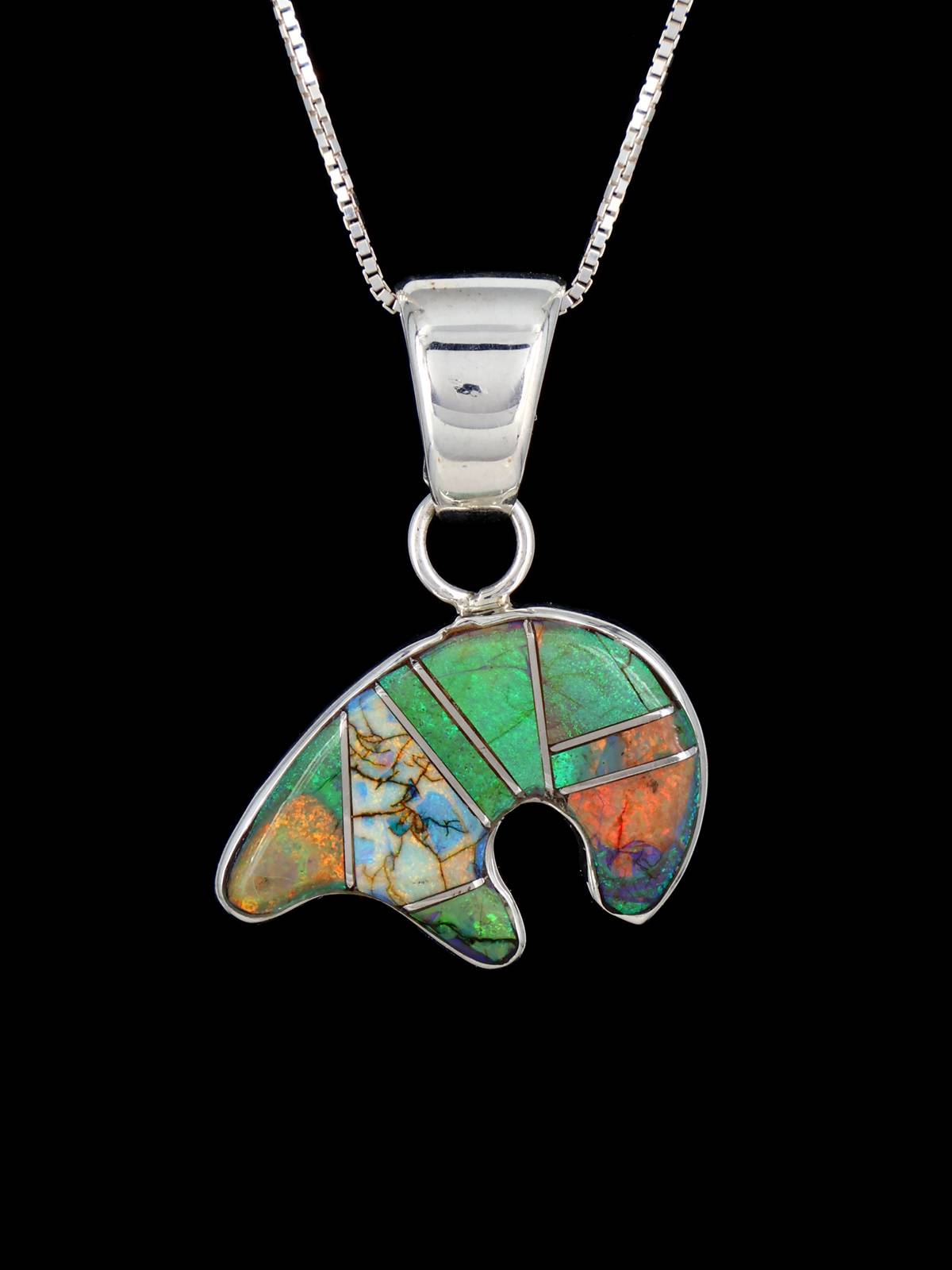 Navajo Sterling Silver Reversible Spiderweb Opal Inlay Bear Pendant - PuebloDirect.com