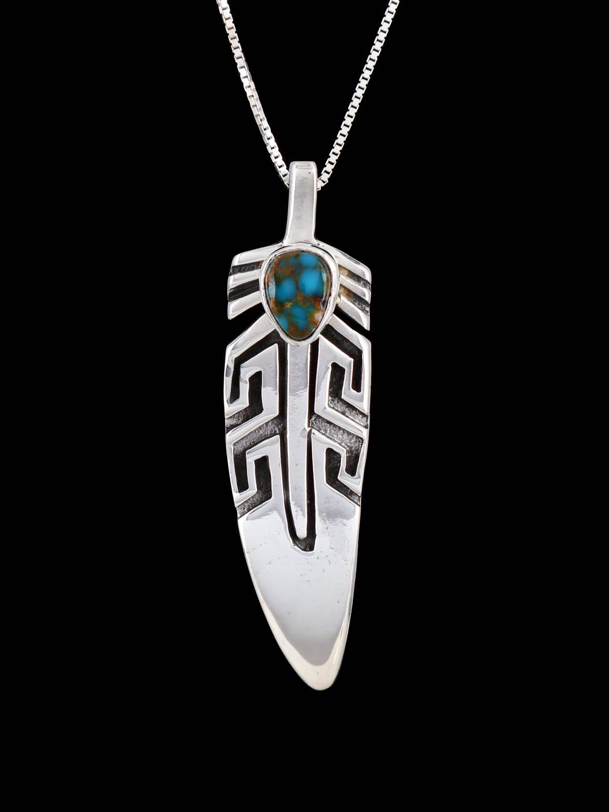Navajo Sterling Silver Turquoise Feather Pendant - PuebloDirect.com