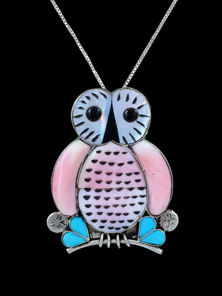 Zuni Inlay Shell and Pink Conch Owl Pin/Pendant - PuebloDirect.com